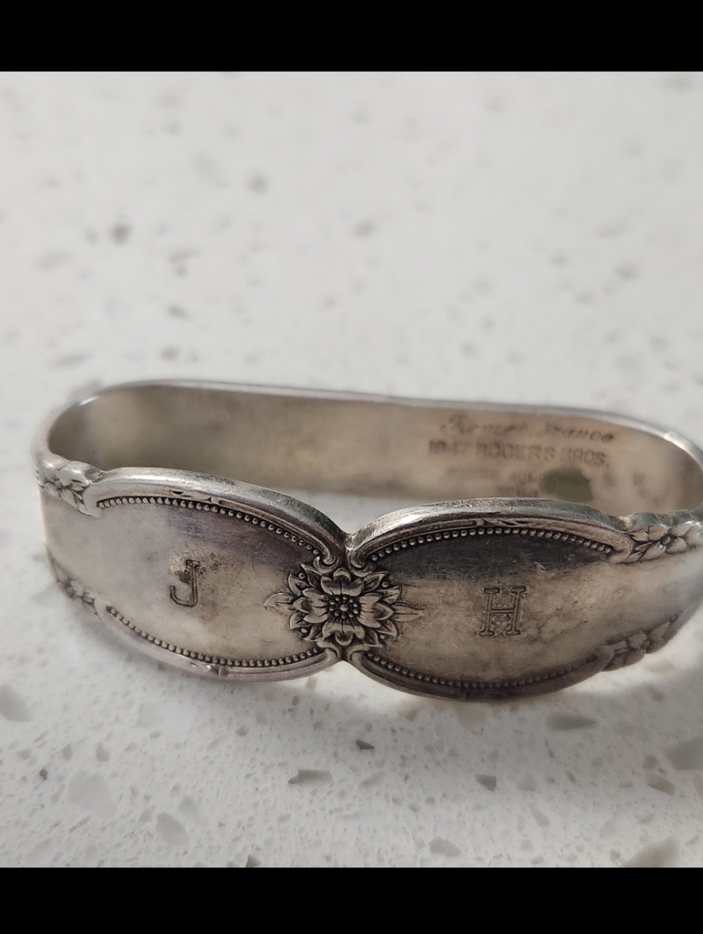 Vintage Sterling Silver Monogram 'J H' Floral Cuff/Spoon Bracelet